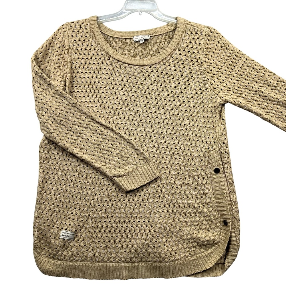 Simply Southern Sweater Womens XL Tan Open Knit Button Side Slit Pullover
